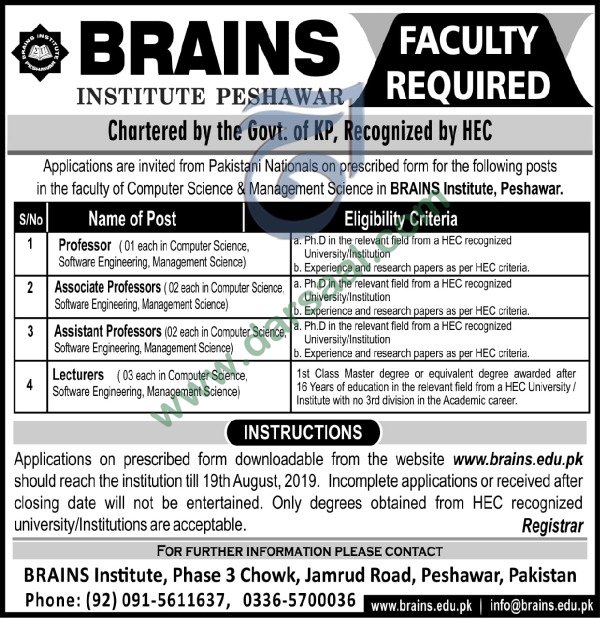 Lecturer Jobs in Brains Institute in Peshawar - Jul 31, 2019