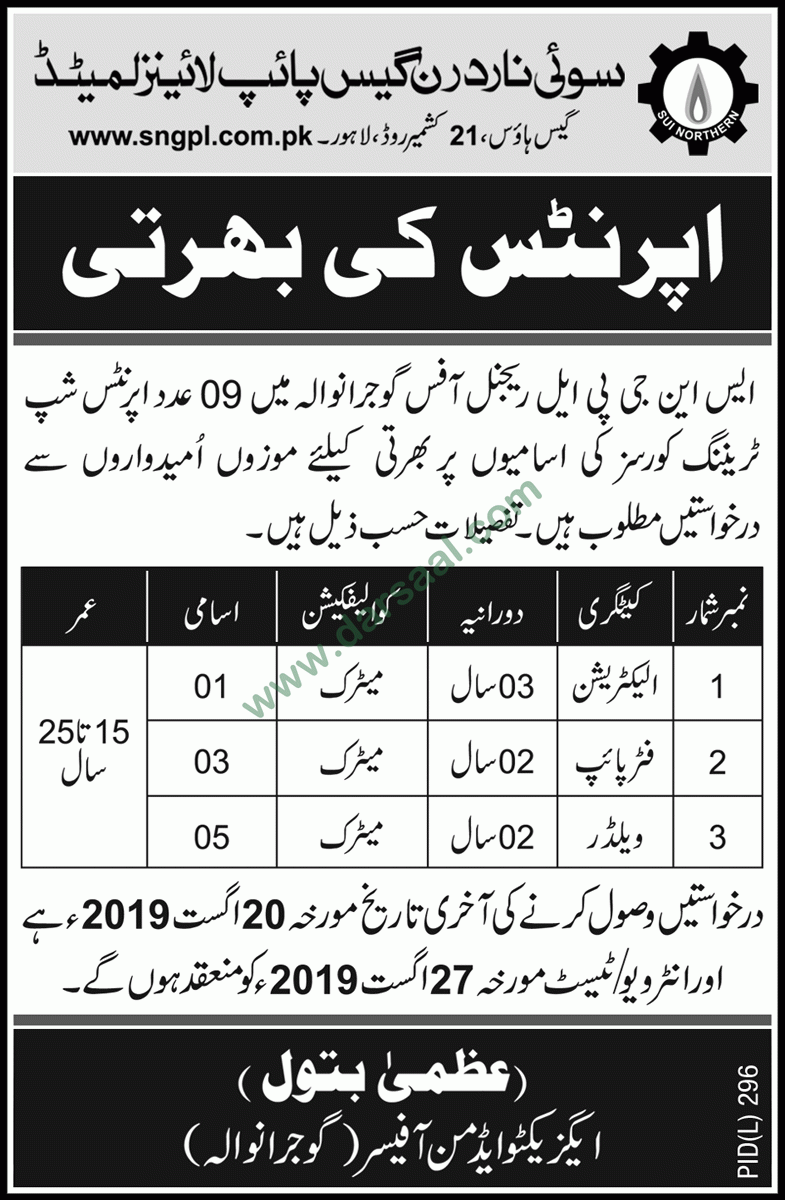 Pipe Fitter Jobs in Sui Northern Gas Pipelines Limited - SSGC in Gujranwala - Jul 31, 2019