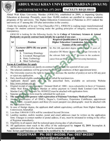 Lecturer Jobs in Abdul Wali Khan University in Mardan - Aug 01, 2019