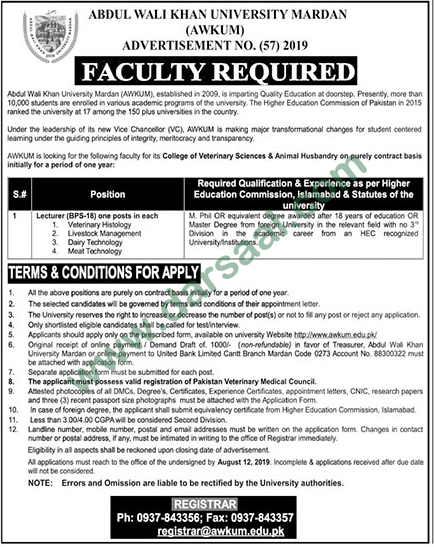 Lecturer Jobs in Abdul Wali Khan University in Mardan - Aug 02, 2019