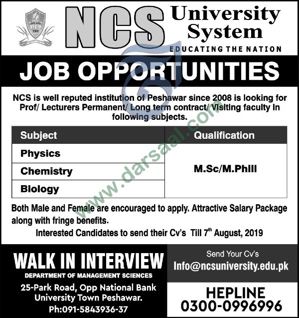 Lecturer Jobs in NCS University System in Peshawar - Aug 02, 2019