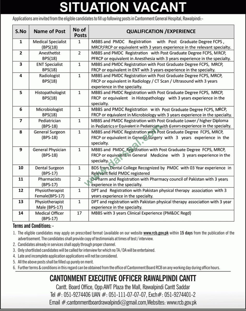 Medical Officer Jobs in Cantonment General Hospital in Rawalpindi - Aug 03, 2019