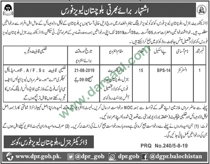 Instructor Jobs in Balochistan Levies Force QRF in Quetta - Aug 06, 2019