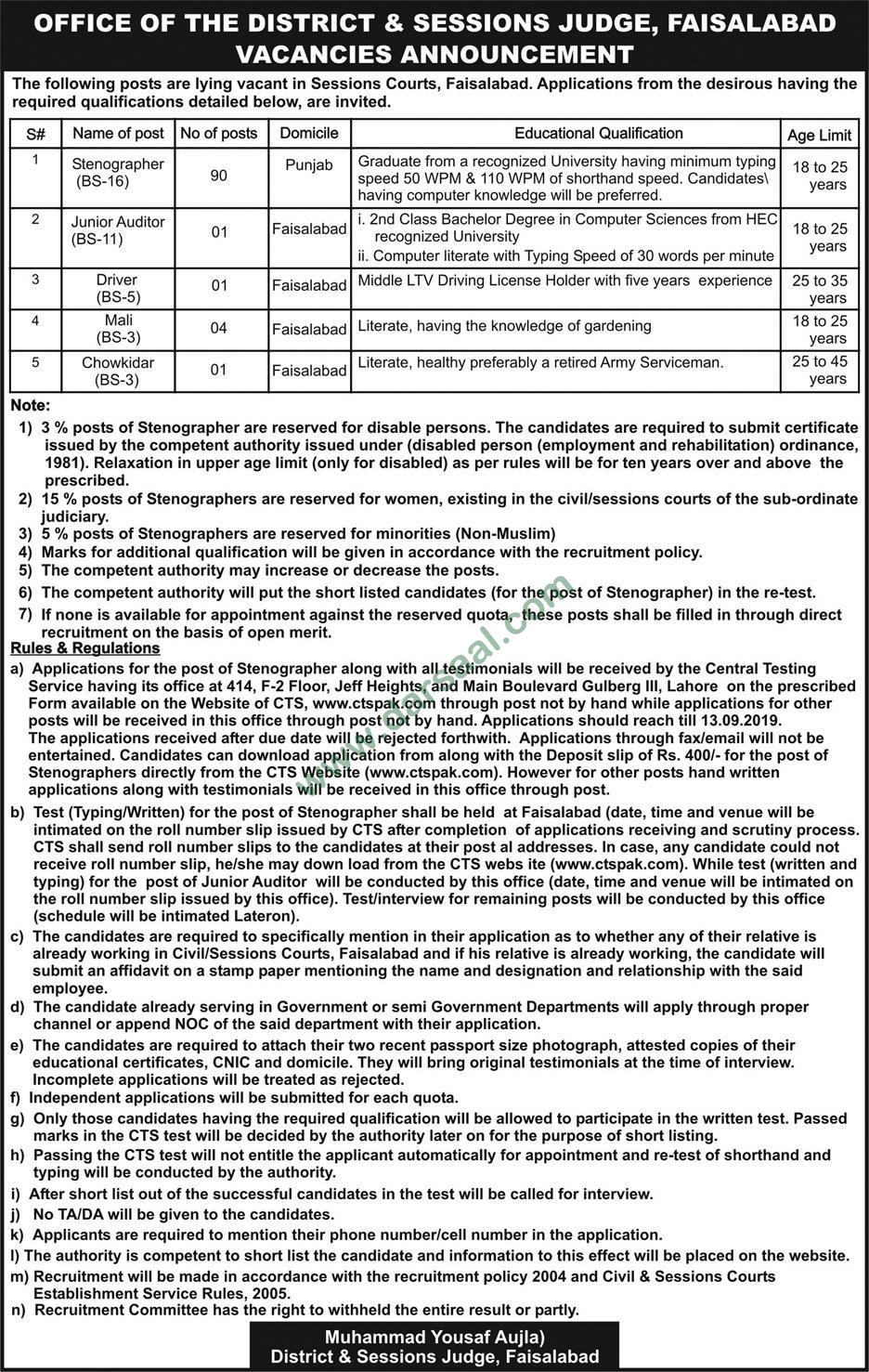 Mali Jobs in District & Sessions Judge in Faisalabad - Aug 08, 2019