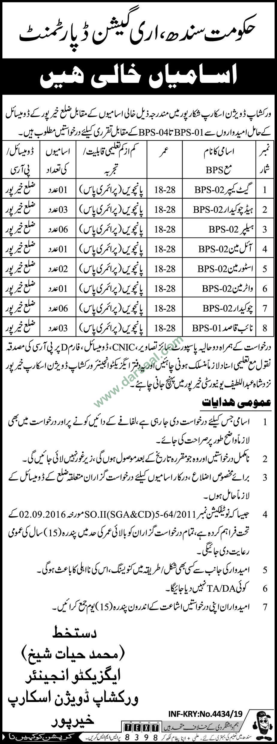 Gatekeeper Jobs in Irrigation Department in Khairpur - Aug 08, 2019