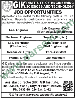 Teaching Jobs in Ghulam Ishaq Khan Institute of Engineering Sciences & Technology in Swabi - Aug 08, 2019