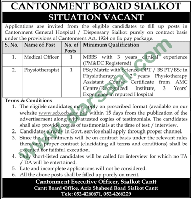 Medical Officer Jobs in Cantonment Board in Sialkot - Aug 08, 2019