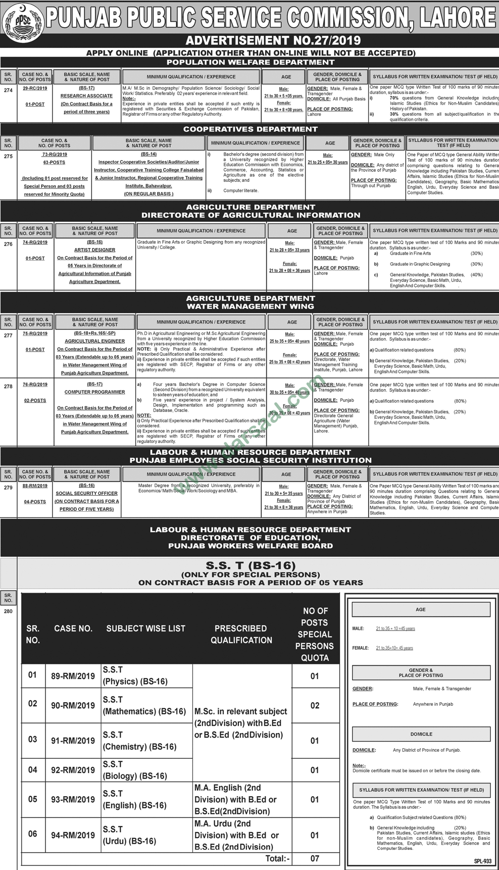 Social Security Officer Jobs in Government Departments in Lahore - Aug 09, 2019
