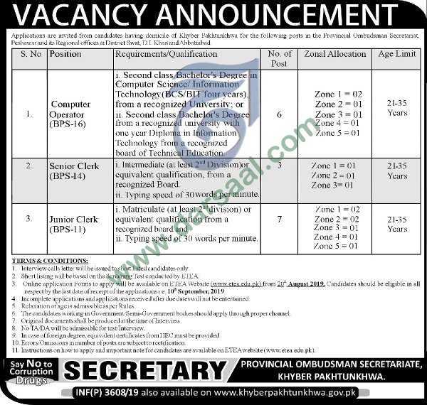 Senior Clerk Jobs in Government Departments in Abbottabad - Aug 10, 2019