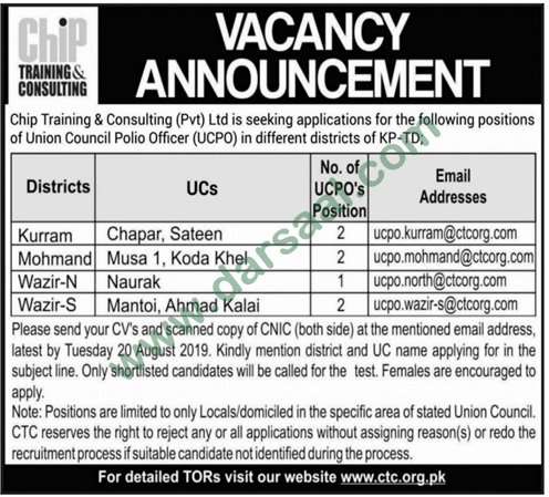 Polio Officer Jobs in CHIP Training & Consulting in Kurram Agency - Aug 11, 2019