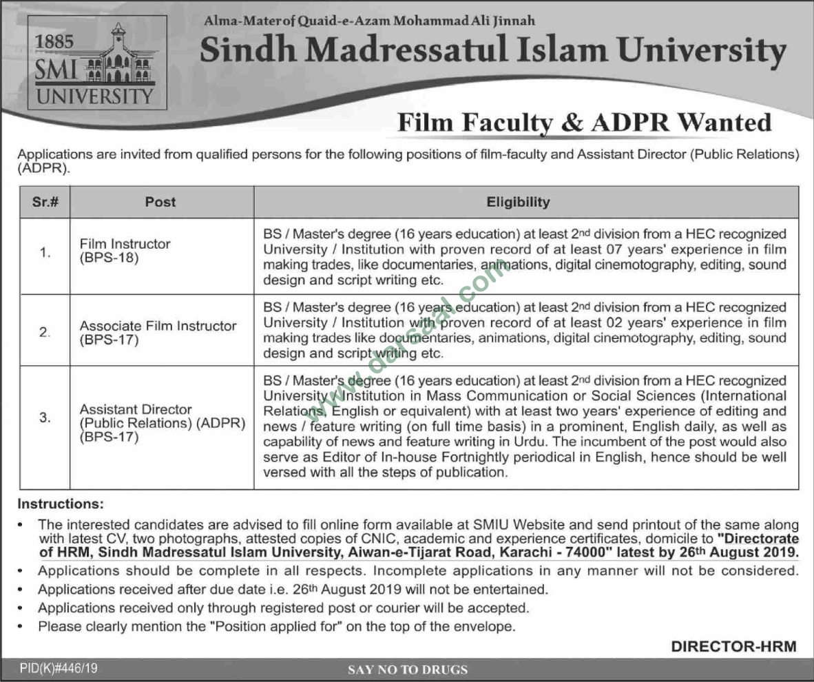 Assistant Director Jobs in Sindh Madressatul Islam University in Karachi - Aug 11, 2019