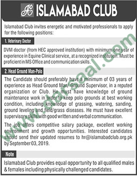Groundman Jobs in Islamabad Club in Islamabad - Aug 18, 2019