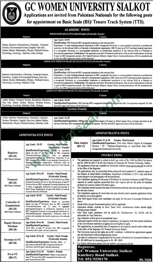 Lecturer Jobs in Government College Women University in Sialkot - Aug 19, 2019