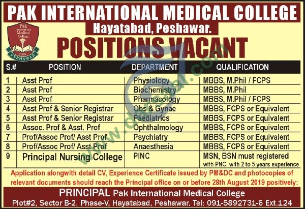 Principal Jobs in Pak International Medical College in Peshawar - Aug 20, 2019