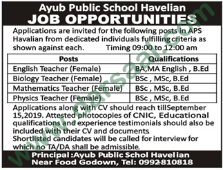 Teaching Jobs in Ayub Public School Havelian, Abbottabad in Havelian - Aug 20, 2019