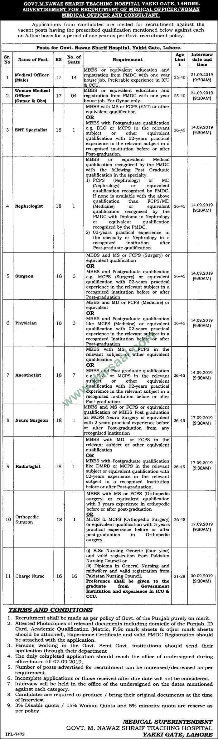 Medical Officer Jobs in Govt. M Nawaz Sharif Teaching Hospital in Lahore - Aug 22, 2019