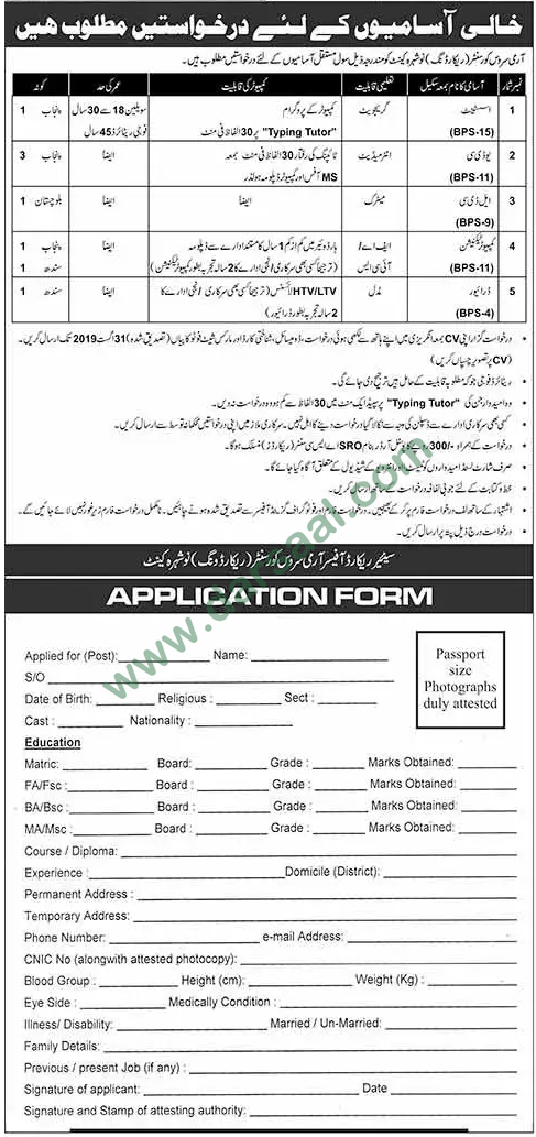 LDC Jobs in Army Service Corps Centre in Quetta - Aug 23, 2019