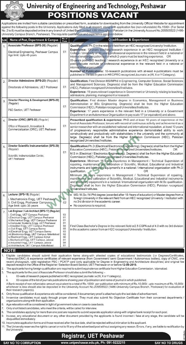 Lecturer Jobs in University of Engineering & Technology - UET in Peshawar - Aug 23, 2019