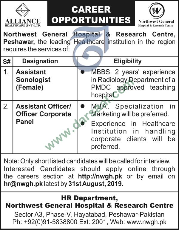 Sonologist Jobs in Northwest General Hospital in Peshawar - Aug 25, 2019