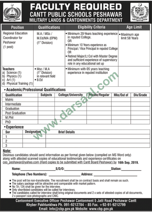 Coordinator Jobs in Cantt Public Girls High School in Peshawar - Aug 29, 2019