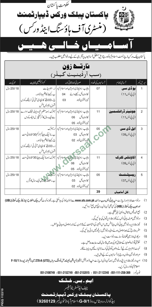 Receptionist Jobs in Pakistan Public Works Department in Peshawar - Sep 02, 2019