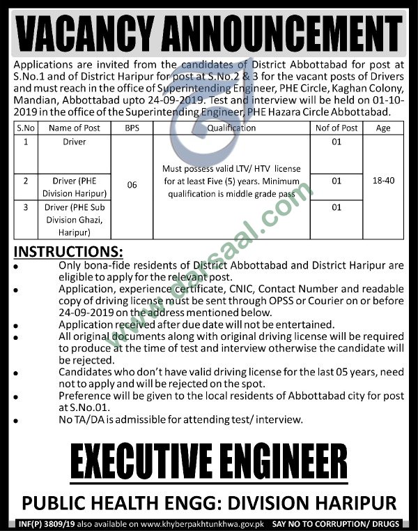 Driver Jobs in Public Health Engineering in Abbottabad - Sep 03, 2019