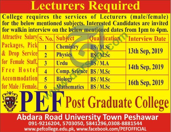 Lecturer Jobs in PEF College in Peshawar - Sep 12, 2019