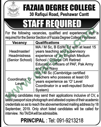 Headmistress Jobs in Fazaia Intermediate College in Peshawar - Sep 12, 2019