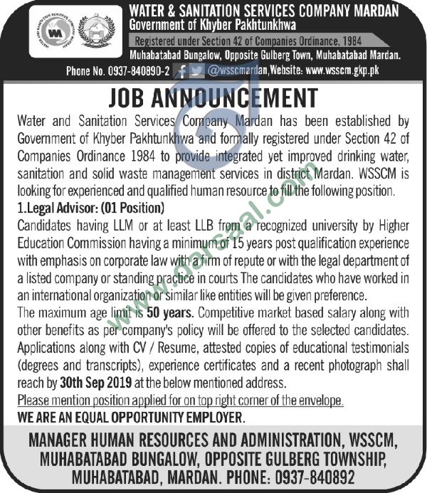 Legal Advisor Jobs in Water & Sanitation Agency in Abbottabad - Sep 14, 2019