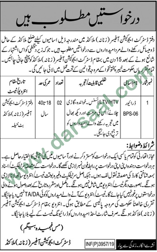 Driver Jobs in District Education Officer in Malakand - Sep 18, 2019
