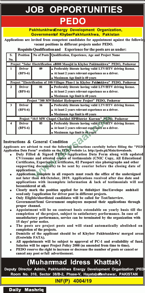 Driver Jobs in PEDO House in Peshawar - Sep 19, 2019