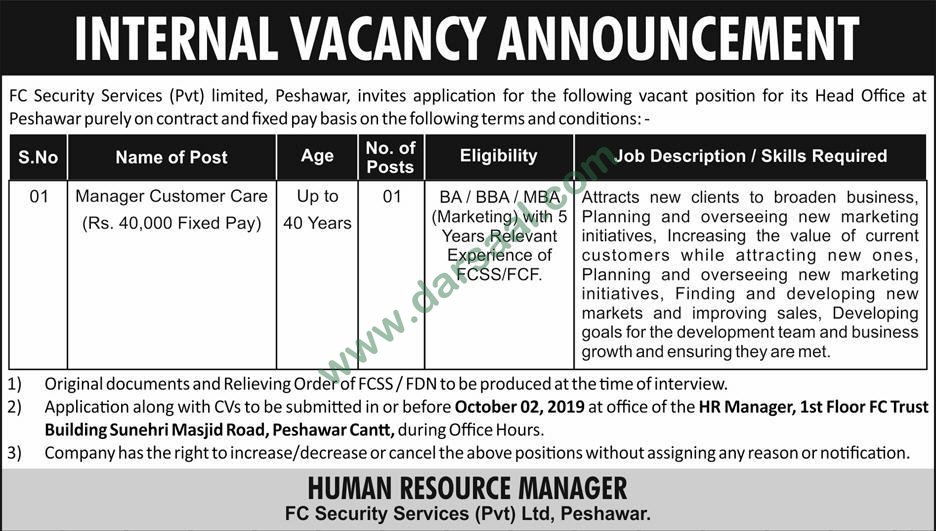 Manager Jobs in FC Security Services in Peshawar - Sep 20, 2019