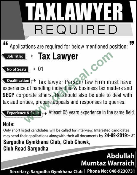 Tax Lawyer Jobs in Sargodha Gymkhana Club in Sargodha - Sep 20, 2019