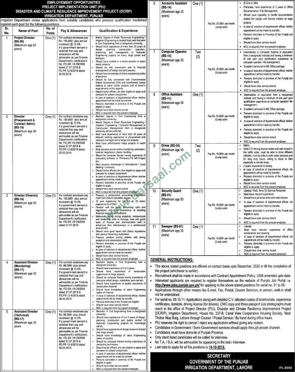 Assistant Director Jobs in Irrigation Department in Lahore - Sep 20, 2019