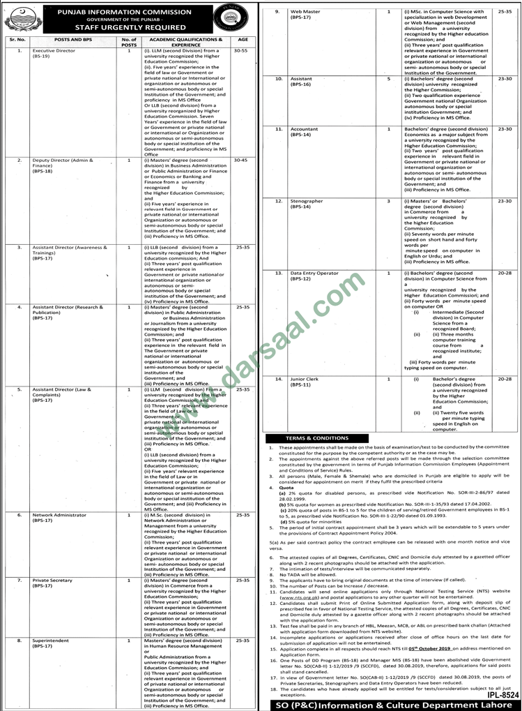 Network Administrator Jobs in Punjab Information Commission in Lahore - Sep 20, 2019