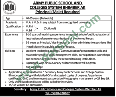 Principal Jobs in Army Public Schools & Colleges in Bhimbar - Sep 20, 2019