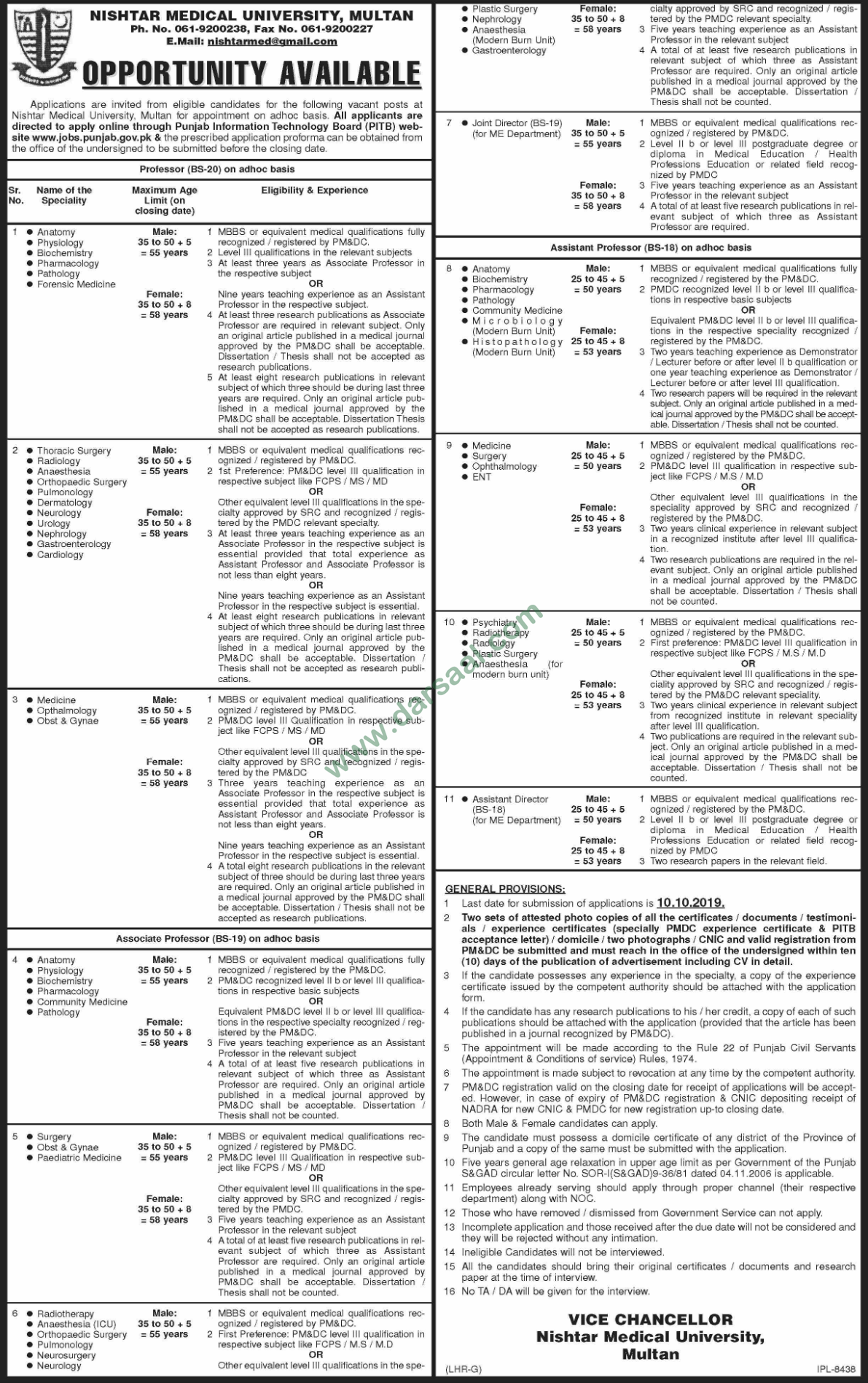Joint Director Jobs in Nishtar Medical University in Multan - Sep 21, 2019