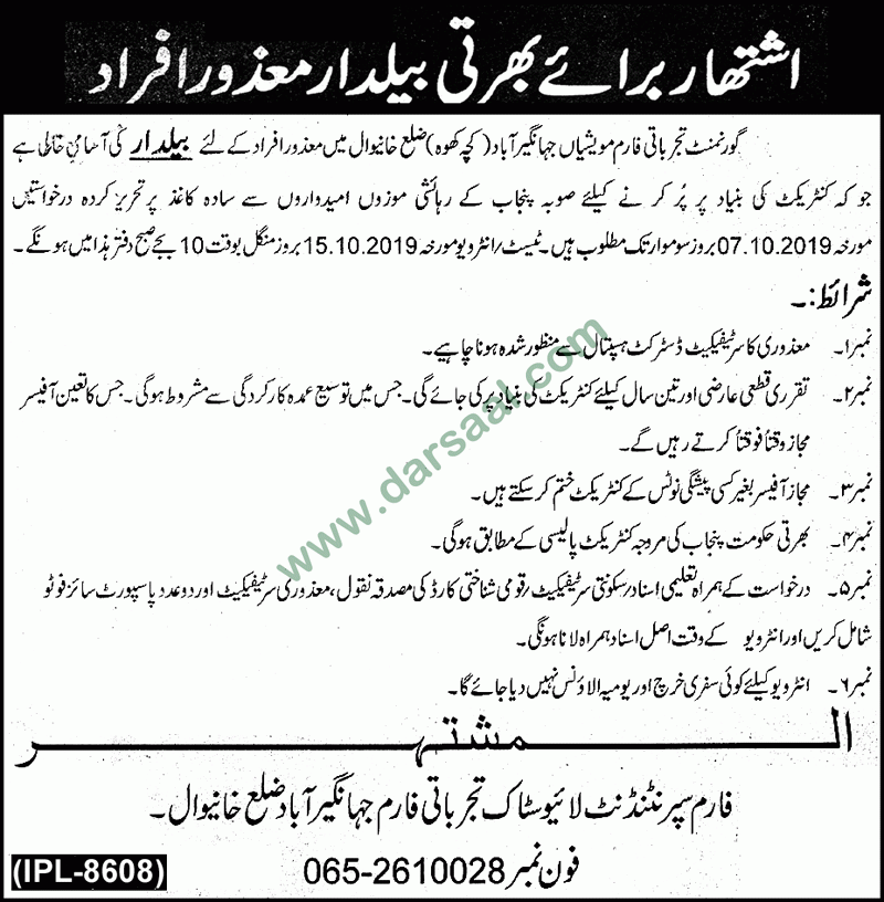 Baildar Jobs in Livestock & Dairy Development in Khanewal - Sep 21, 2019