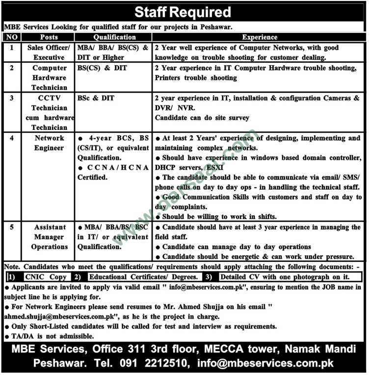 Assistant Manager Jobs in MBE Services in Peshawar - Sep 22, 2019