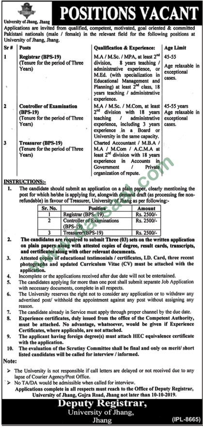 Treasurer Jobs in University of Jhang in Jhang - Sep 22, 2019
