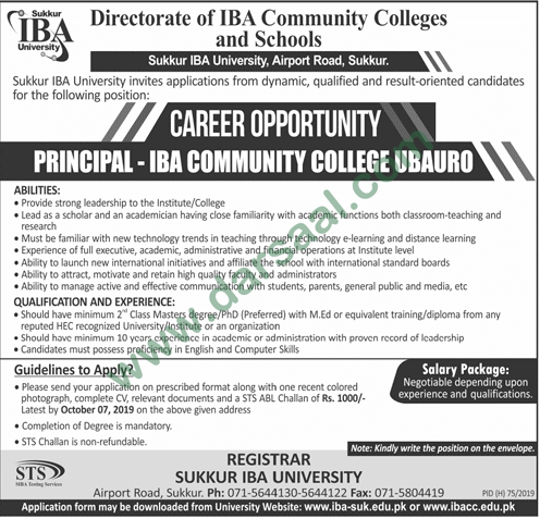 Principal Jobs in Sukkur IBA University in Sukkur - Sep 22, 2019