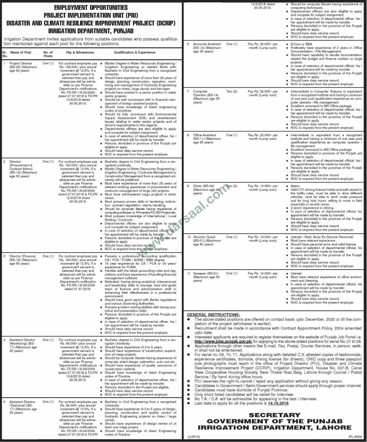 Assistant Director Jobs in Irrigation Department in Lahore - Sep 23, 2019
