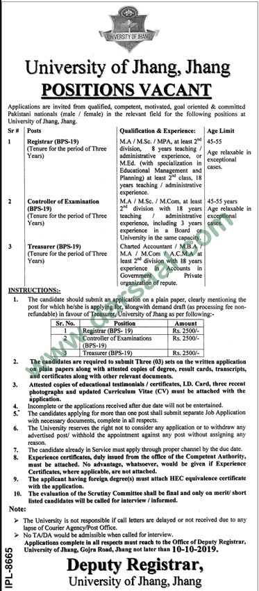 Treasurer Jobs in University of Jhang in Jhang - Sep 23, 2019