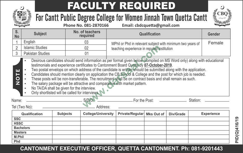Teaching Jobs in Cantt Public Girls High School in Quetta - Sep 24, 2019