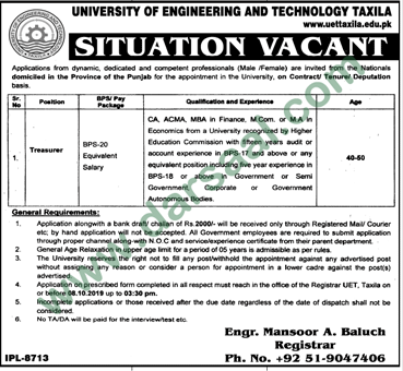 Treasurer Jobs in University of Engineering & Technology - UET in Taxila - Sep 25, 2019