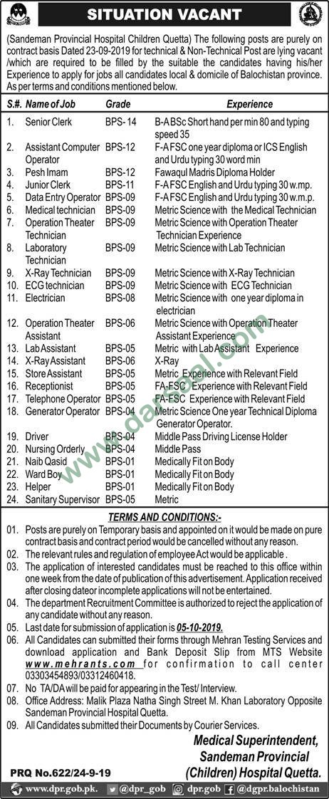 ECG Technician Jobs in Sandeman Provincial Hospital in Quetta - Sep 25, 2019