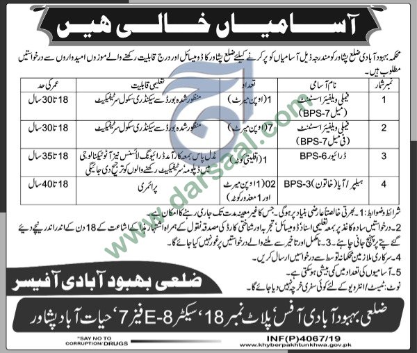 Driver Jobs in Population Welfare Department in Peshawar - Sep 26, 2019