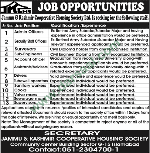 Sentry Worker Jobs in Jammu & Kashmir Co-operative Housing Society in Islamabad - Sep 26, 2019