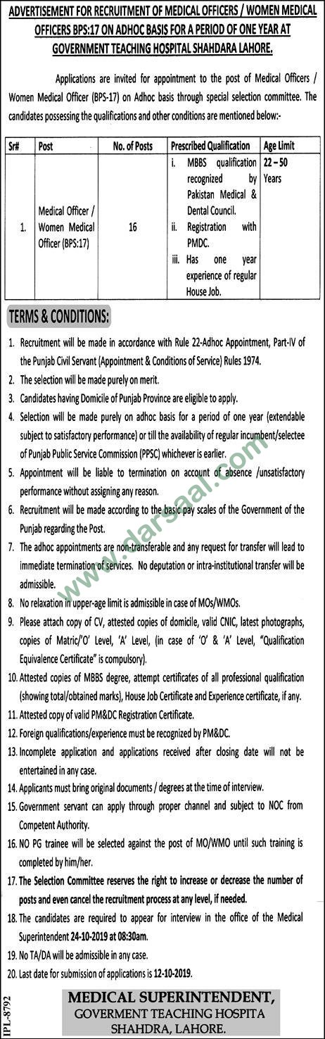 Medical Officer Jobs in Government Teaching Hospital Shahdara in Lahore - Sep 28, 2019