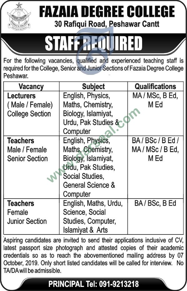 Teaching Jobs in Fazaia Intermediate College in Peshawar - Sep 29, 2019